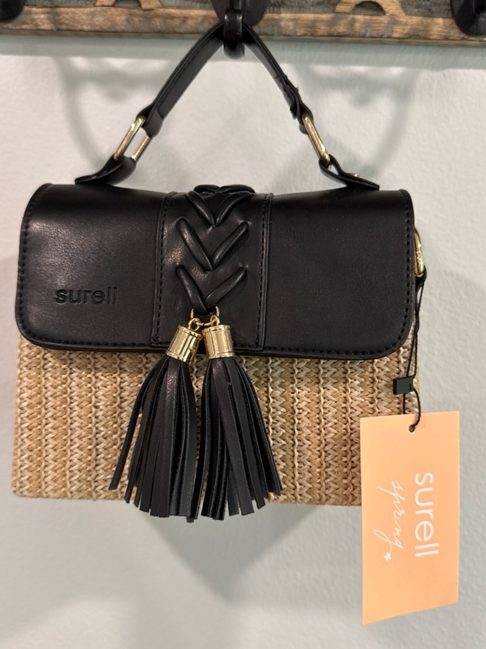 Surell Black & Natural Woven Tassel Top-Handle Crossbody